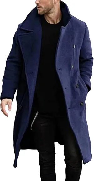 Men's Warm Long Pea Coat Slim Fit Double Breasted Overcoat Winter Wool Blend Trench Business Coats