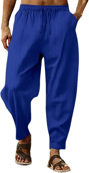 Mens White Linen Casual Pants Elastic Waist Loose Fit Straight-Legs Stretchy Summer Beach Long Baggy Yoga Trousers