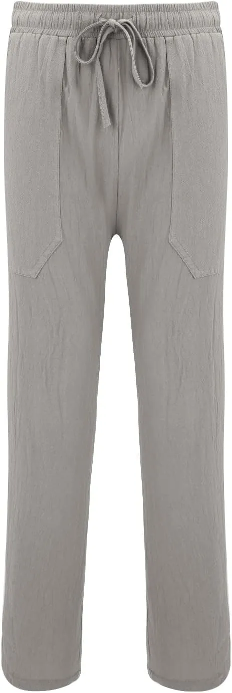Mens Wide Leg Drawstring Pants Loose Linen Summer Beach Vacation Pants Lightweight Elastic Waist Yoga Lounge Trousers