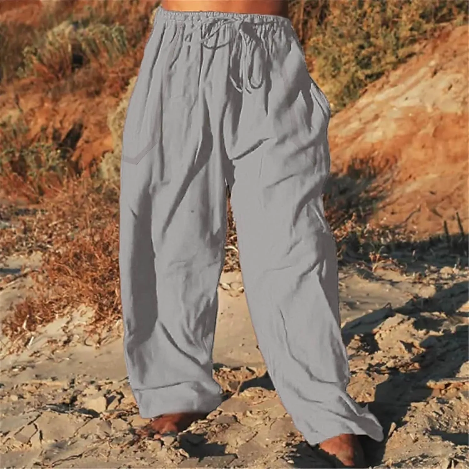 Mens Wide Leg Drawstring Pants Loose Linen Summer Beach Vacation Pants Lightweight Elastic Waist Yoga Lounge Trousers