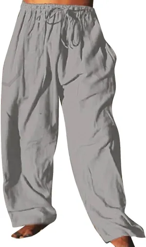 Mens Wide Leg Drawstring Pants Loose Linen Summer Beach Vacation Pants Lightweight Elastic Waist Yoga Lounge Trousers