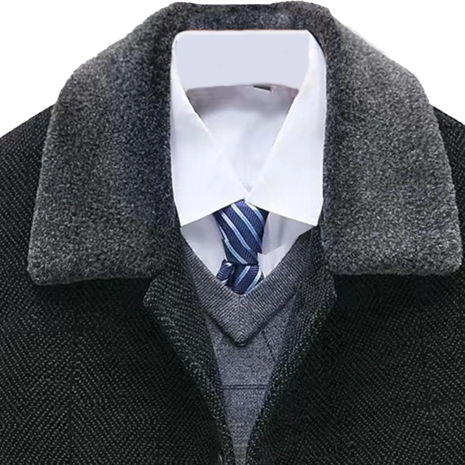 Men's Winter Cashmere Wool Topcoat Fur Collar Winter Casual Jacket Outwear Fleece Lined 2 Buttons Wool Trench