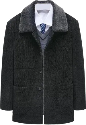 Men's Winter Cashmere Wool Topcoat Fur Collar Winter Casual Jacket Outwear Fleece Lined 2 Buttons Wool Trench