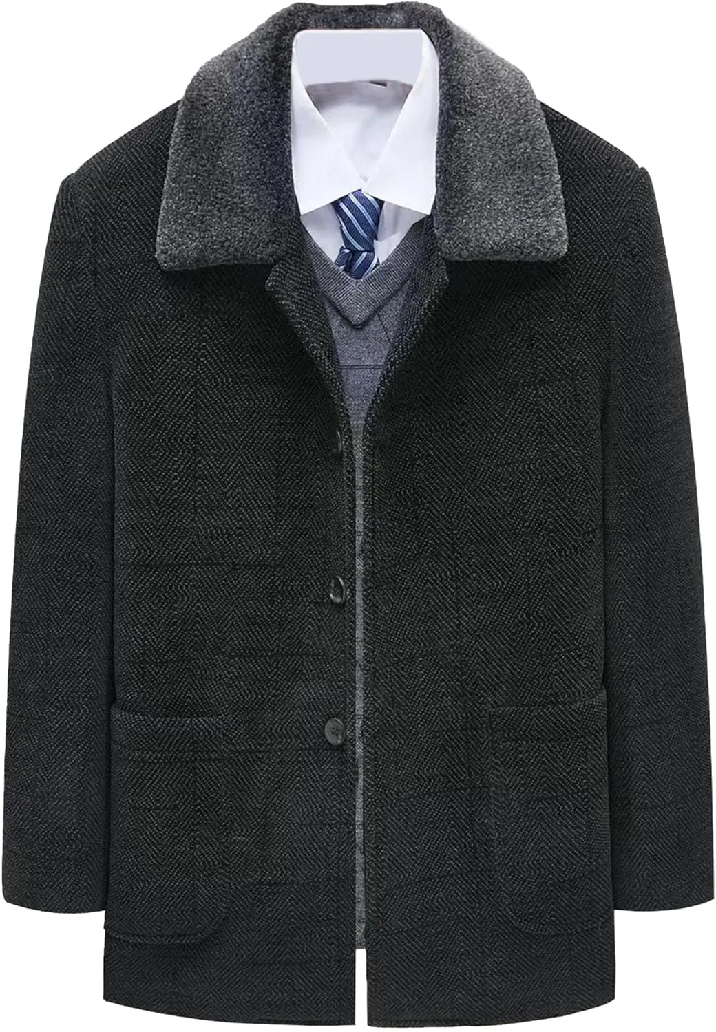 Men's Winter Cashmere Wool Topcoat Fur Collar Winter Casual Jacket Outwear Fleece Lined 2 Buttons Wool Trench