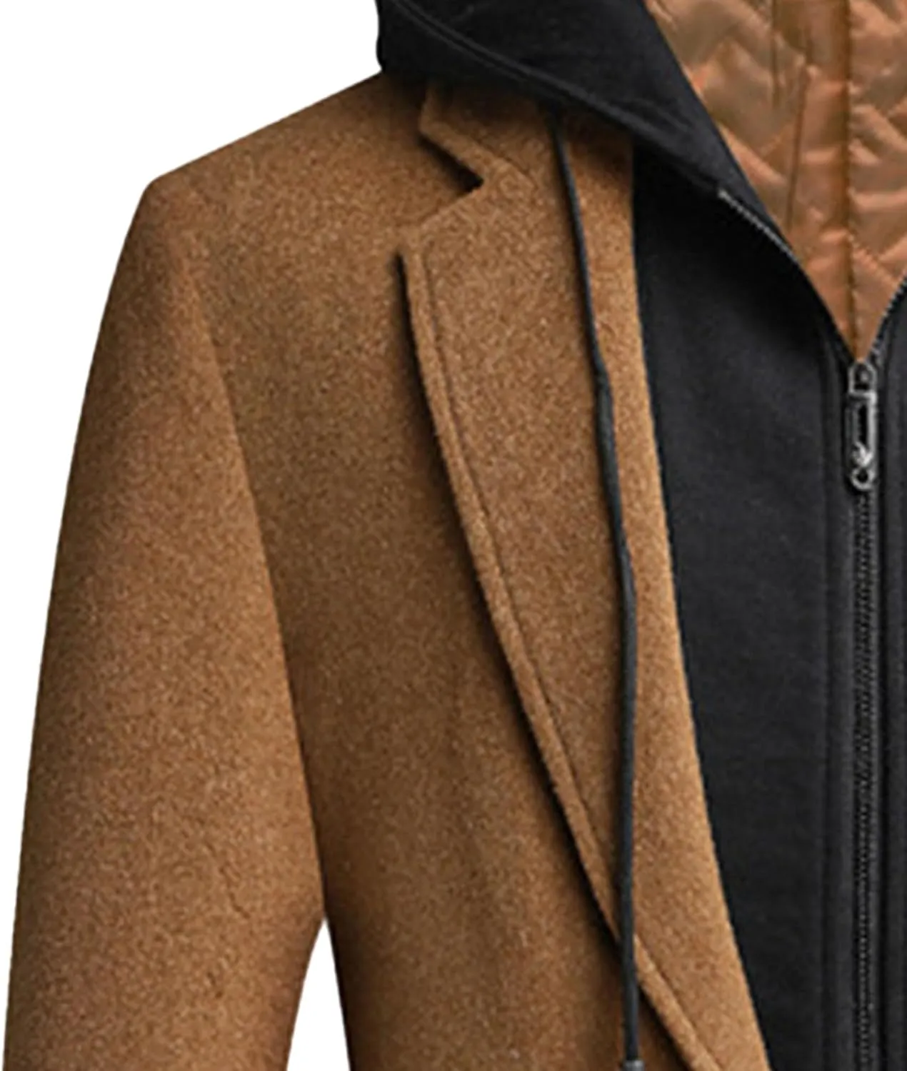 Men's Winter Hooded Trench Coat Casual Single Breasted Peacoat Wool Blend Warm Business Overcoat