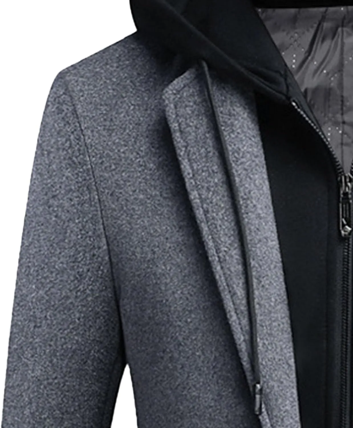 Men's Winter Hooded Trench Coat Casual Single Breasted Peacoat Wool Blend Warm Business Overcoat