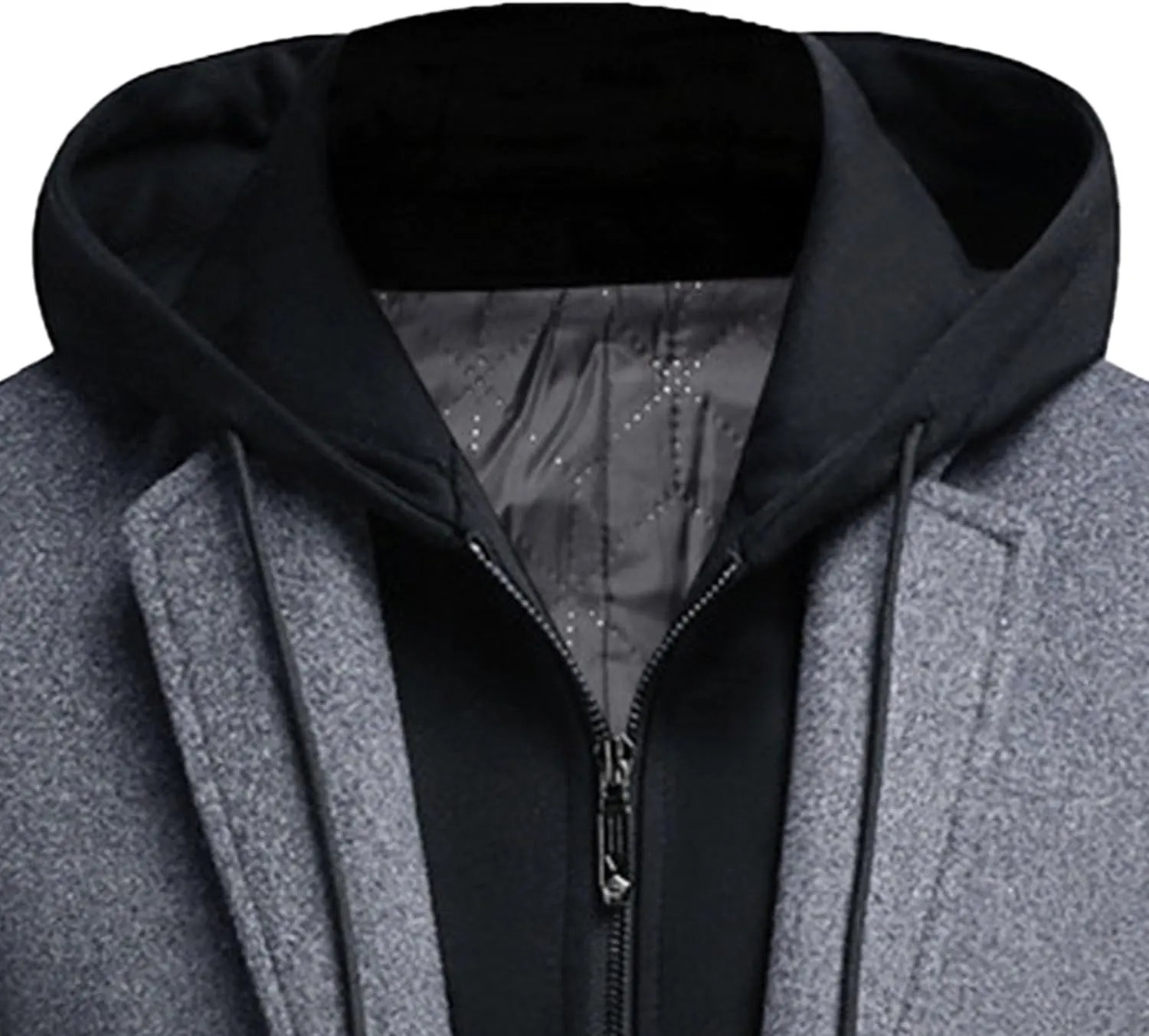 Men's Winter Hooded Trench Coat Casual Single Breasted Peacoat Wool Blend Warm Business Overcoat