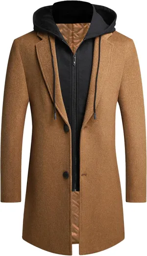 Men's Winter Hooded Trench Coat Casual Single Breasted Peacoat Wool Blend Warm Business Overcoat