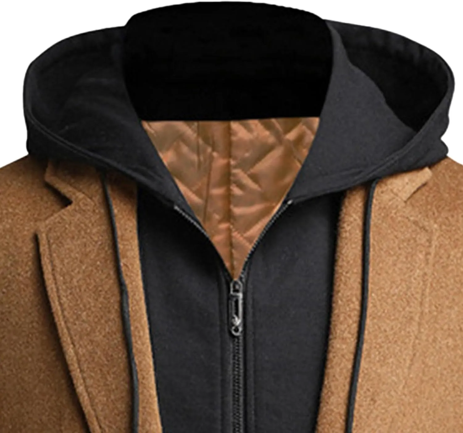 Men's Winter Hooded Trench Coat Casual Single Breasted Peacoat Wool Blend Warm Business Overcoat
