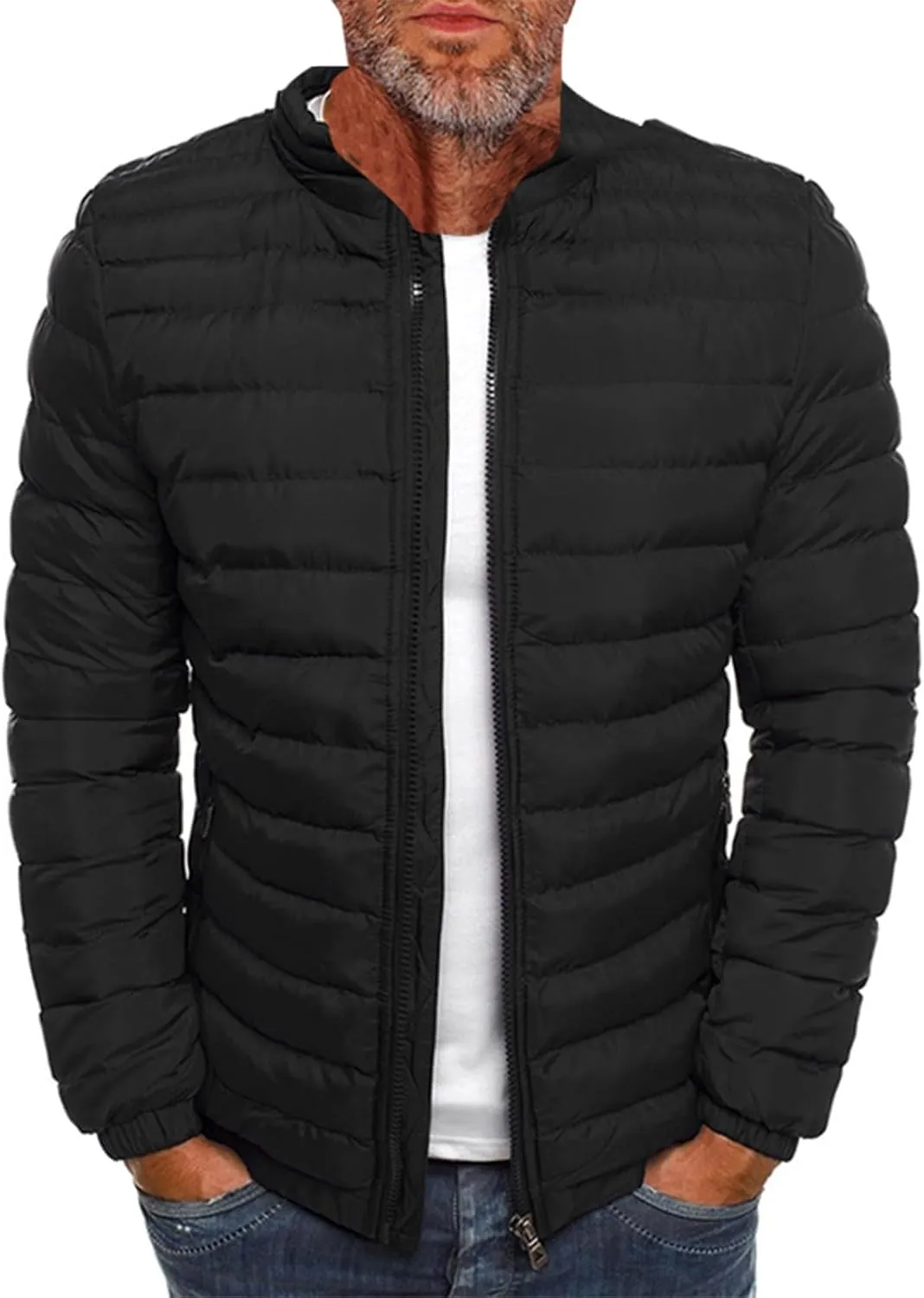 Mens Winter Jacket Long Sleeve Stand Collar Zipper Puffer Coat Packable Light Quilted Thick Warm Down Jacket