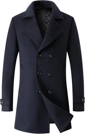 Men's Winter Lapel Peacoat Casual Long Double Breasted Overcoat Classic Wool Male Long Sleeve Trench Coat