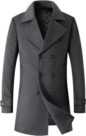 Men's Winter Lapel Peacoat Casual Long Double Breasted Overcoat Classic Wool Male Long Sleeve Trench Coat