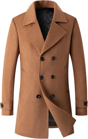 Men's Winter Lapel Peacoat Casual Long Double Breasted Overcoat Classic Wool Male Long Sleeve Trench Coat