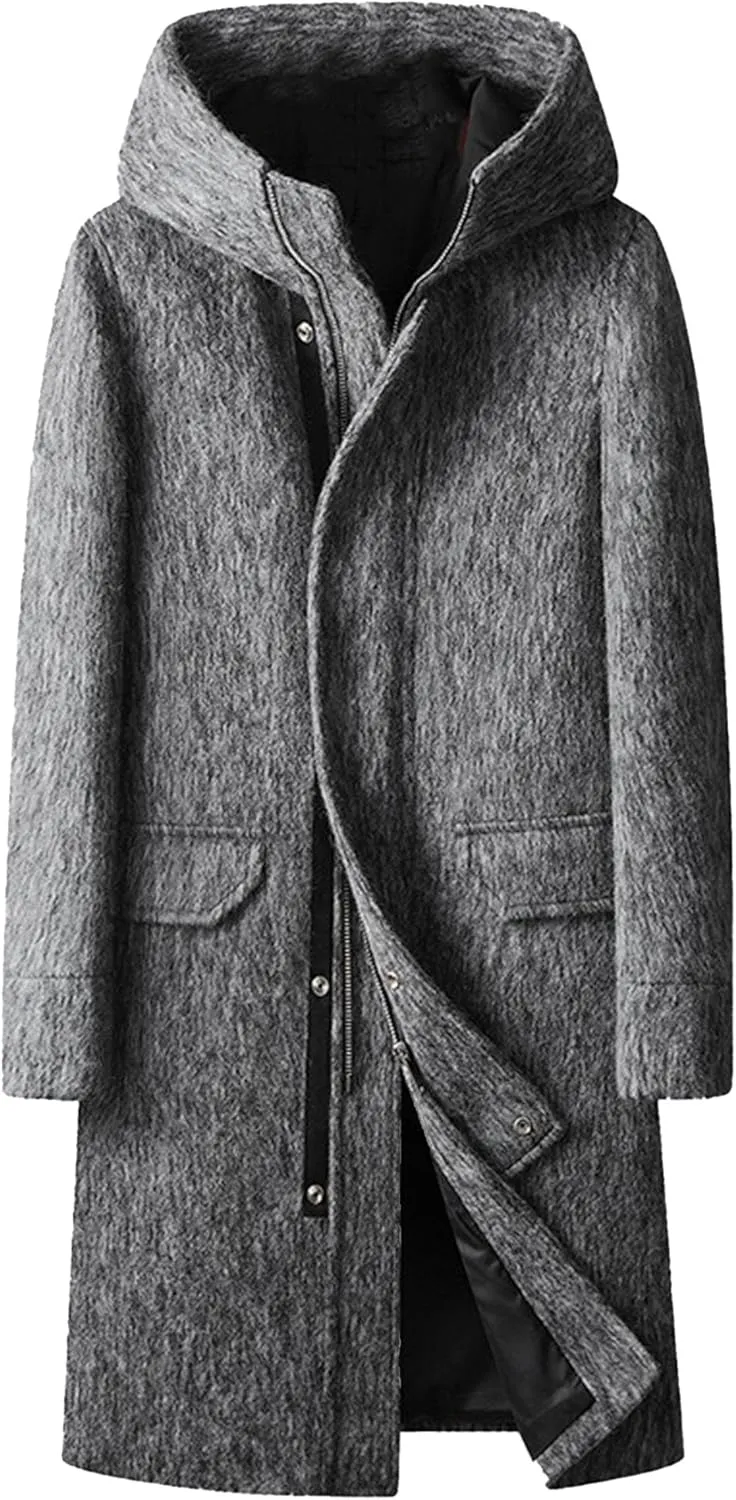 Men's Winter Long Hooded Trench Coat Long Sleeve Wool Blend Business Overcoat Warm Chunky Pea Coat Windbreaker