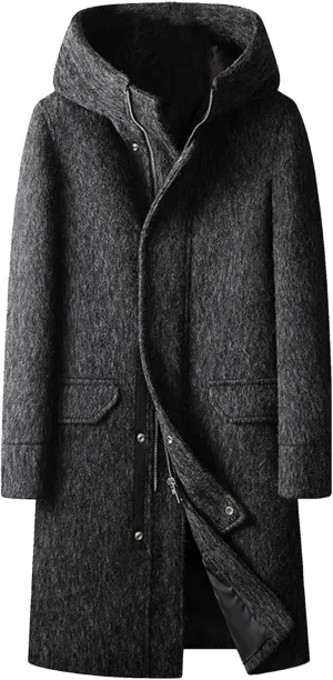 Men's Winter Long Hooded Trench Coat Long Sleeve Wool Blend Business Overcoat Warm Chunky Pea Coat Windbreaker