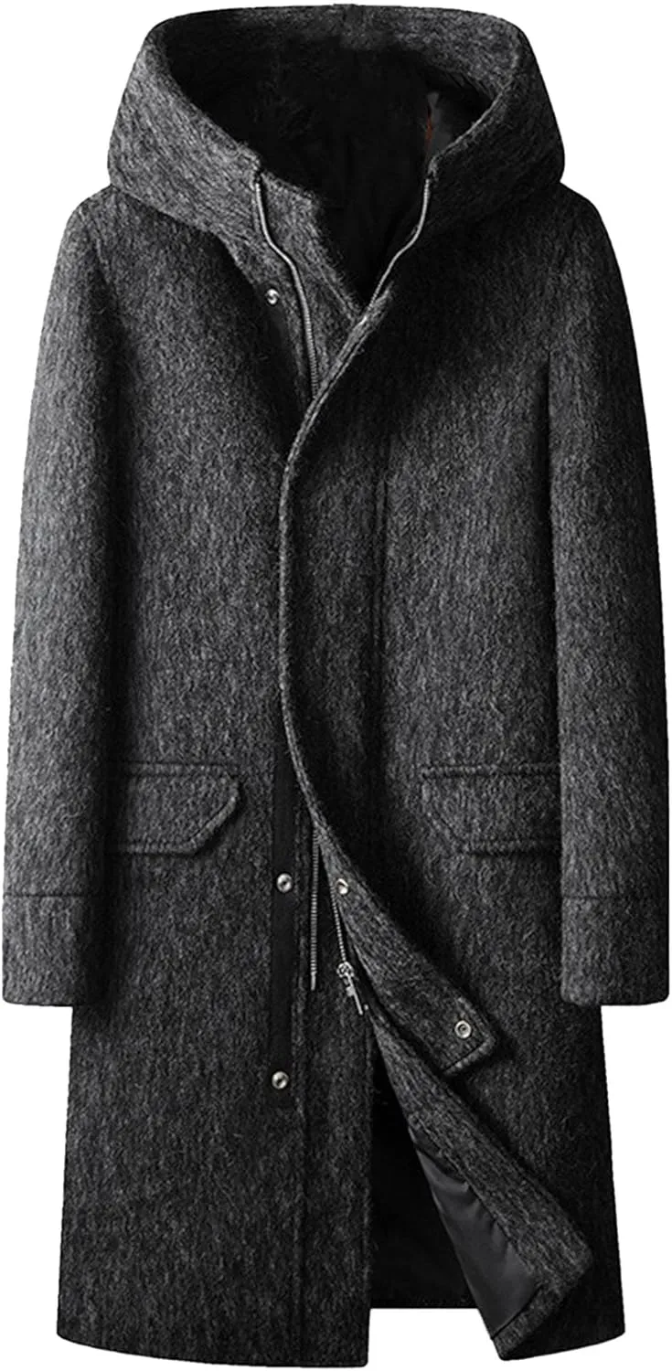 Men's Winter Long Hooded Trench Coat Long Sleeve Wool Blend Business Overcoat Warm Chunky Pea Coat Windbreaker