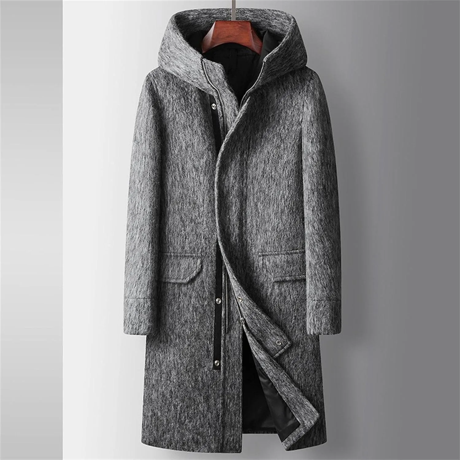 Men's Winter Long Hooded Trench Coat Long Sleeve Wool Blend Business Overcoat Warm Chunky Pea Coat Windbreaker
