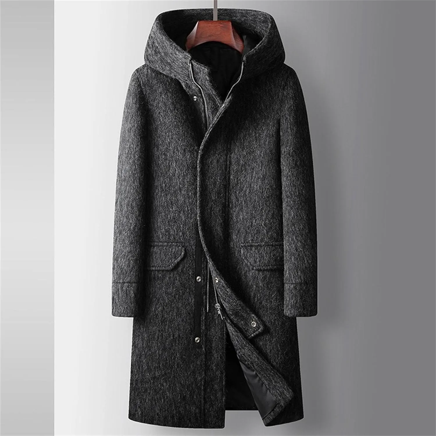 Men's Winter Long Hooded Trench Coat Long Sleeve Wool Blend Business Overcoat Warm Chunky Pea Coat Windbreaker