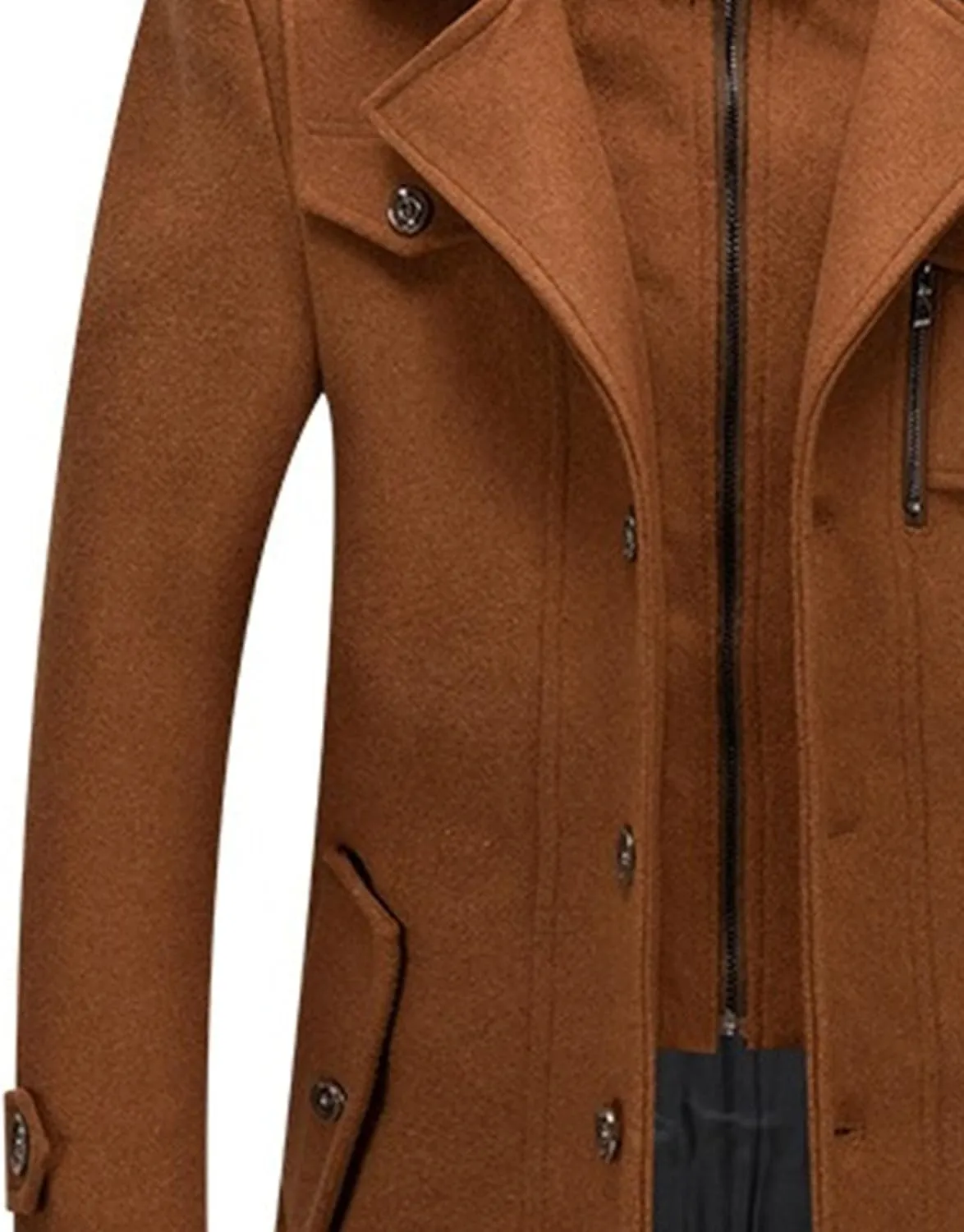 Men's Wool Blend Trench Coat Single Breasted Slim Fit Business Overcoat Windproof Pea Coat with Removable Scarf