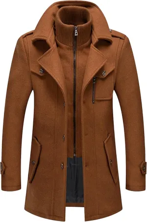 Men's Wool Blend Trench Coat Single Breasted Slim Fit Business Overcoat Windproof Pea Coat with Removable Scarf