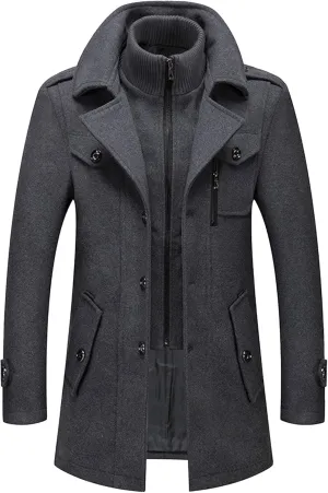 Men's Wool Blend Trench Coat Single Breasted Slim Fit Business Overcoat Windproof Pea Coat with Removable Scarf
