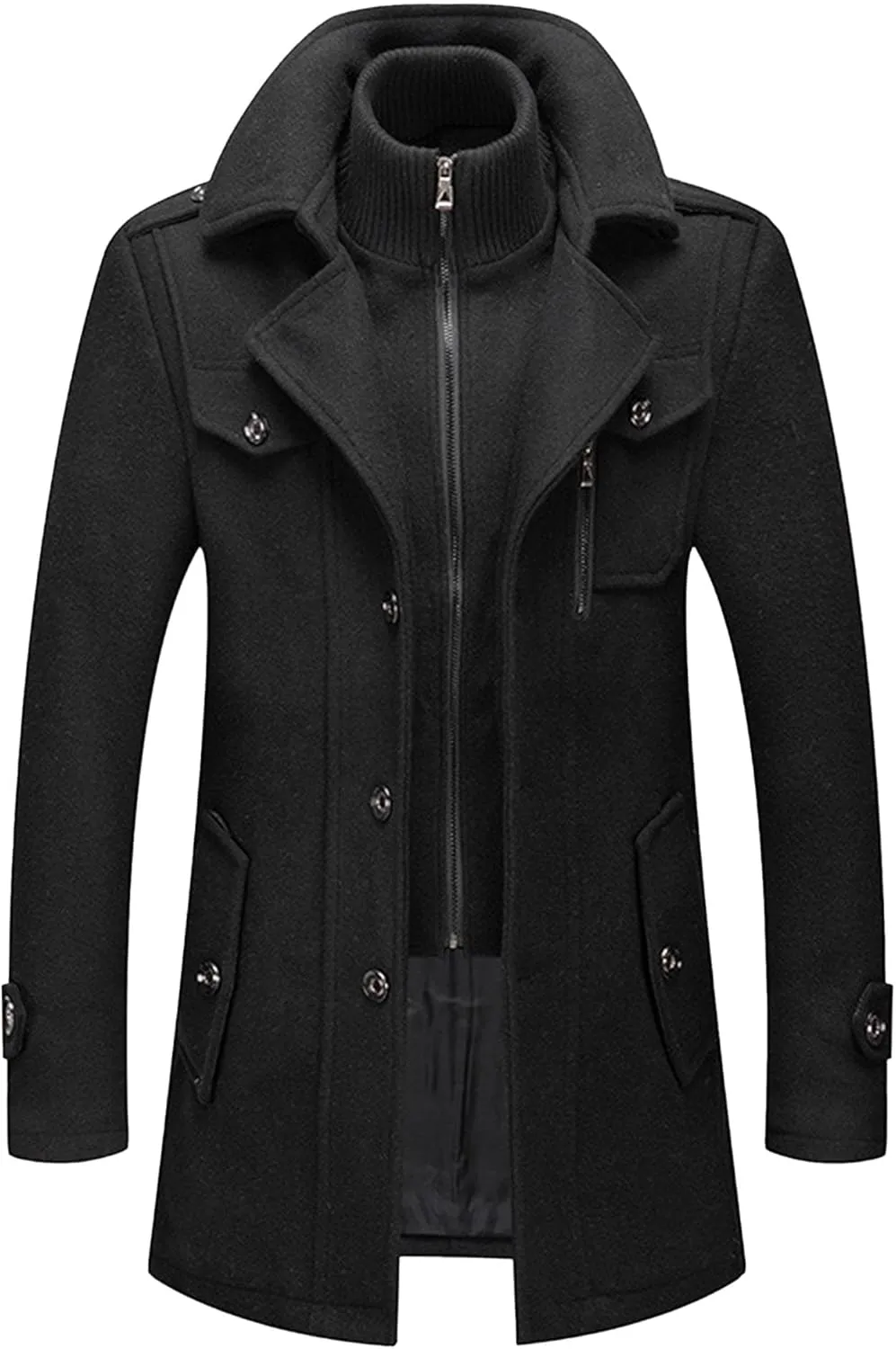 Men's Wool Blend Trench Coat Single Breasted Slim Fit Business Overcoat Windproof Pea Coat with Removable Scarf