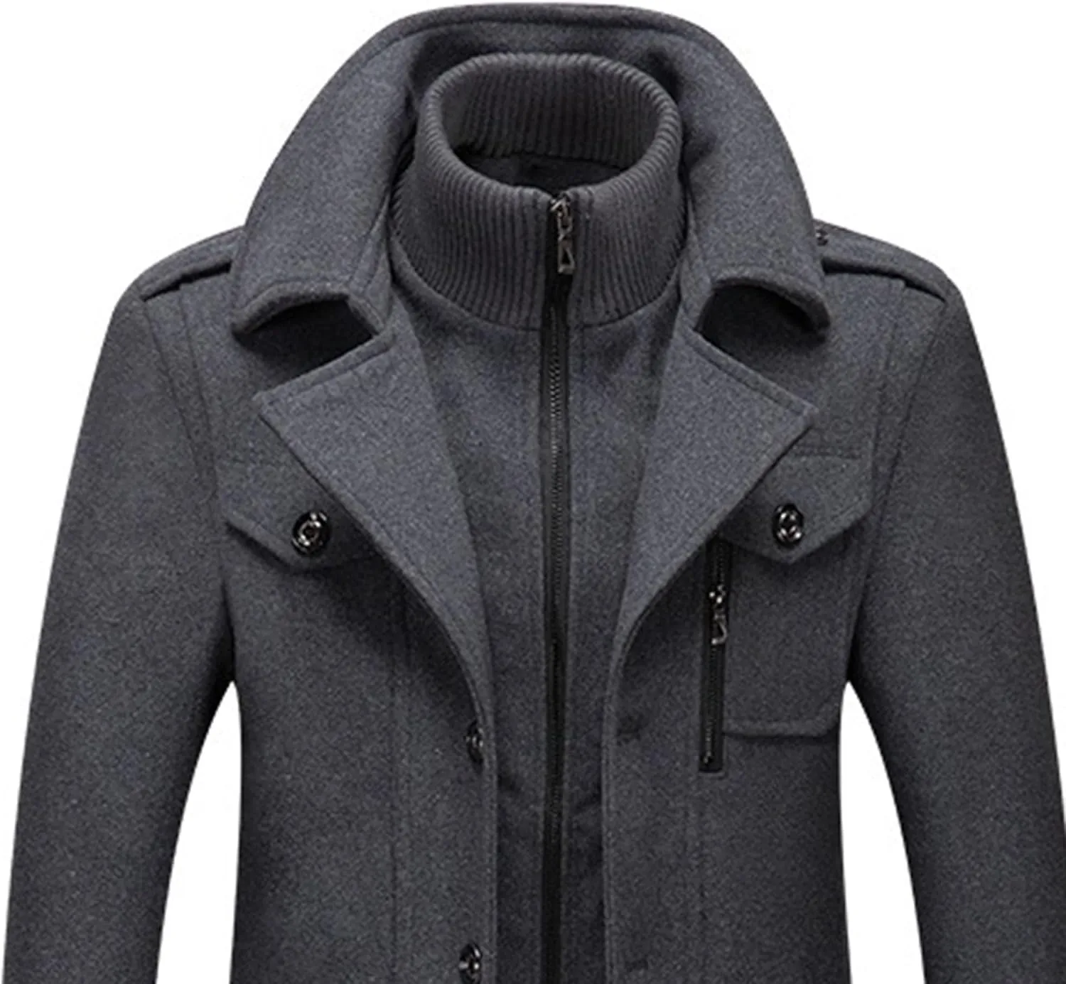 Men's Wool Blend Trench Coat Single Breasted Slim Fit Business Overcoat Windproof Pea Coat with Removable Scarf