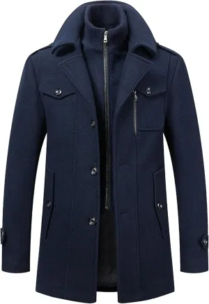 Men's Wool Blend Trench Coat Single Breasted Slim Fit Business Overcoat Windproof Pea Coat with Removable Scarf