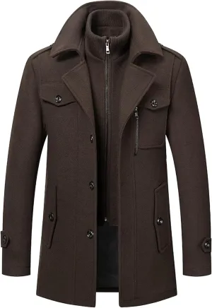 Men's Wool Blend Trench Coat Single Breasted Slim Fit Business Overcoat Windproof Pea Coat with Removable Scarf