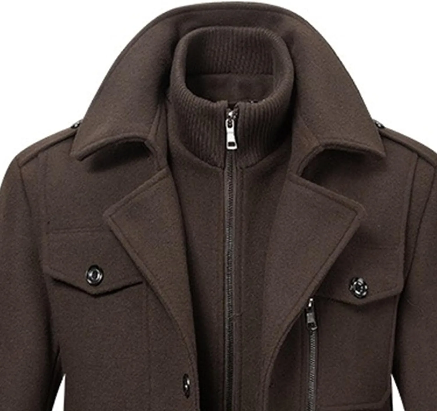 Men's Wool Blend Trench Coat Single Breasted Slim Fit Business Overcoat Windproof Pea Coat with Removable Scarf