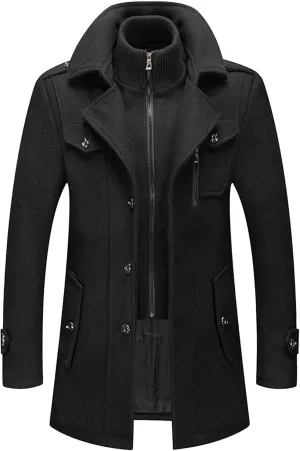 Men's Wool Blend Trench Coat Single Breasted Slim Fit Business Overcoat Windproof Pea Coat with Removable Scarf