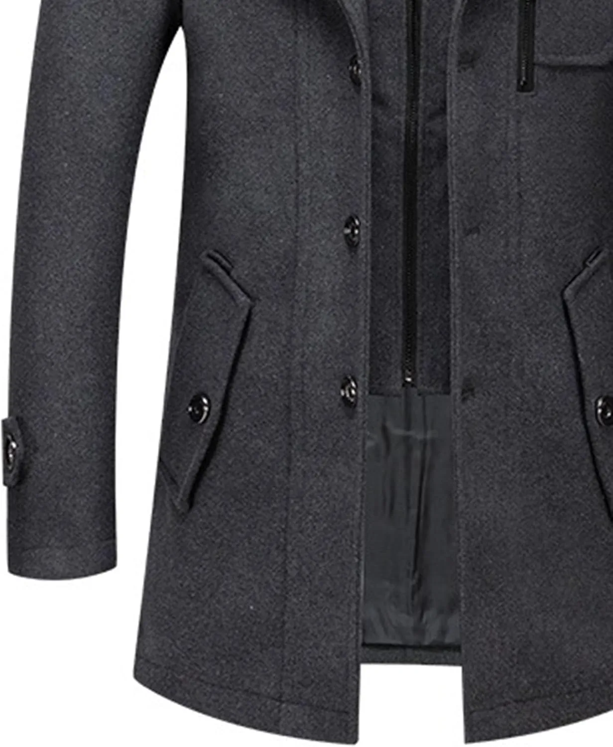 Men's Wool Blend Trench Coat Single Breasted Slim Fit Business Overcoat Windproof Pea Coat with Removable Scarf