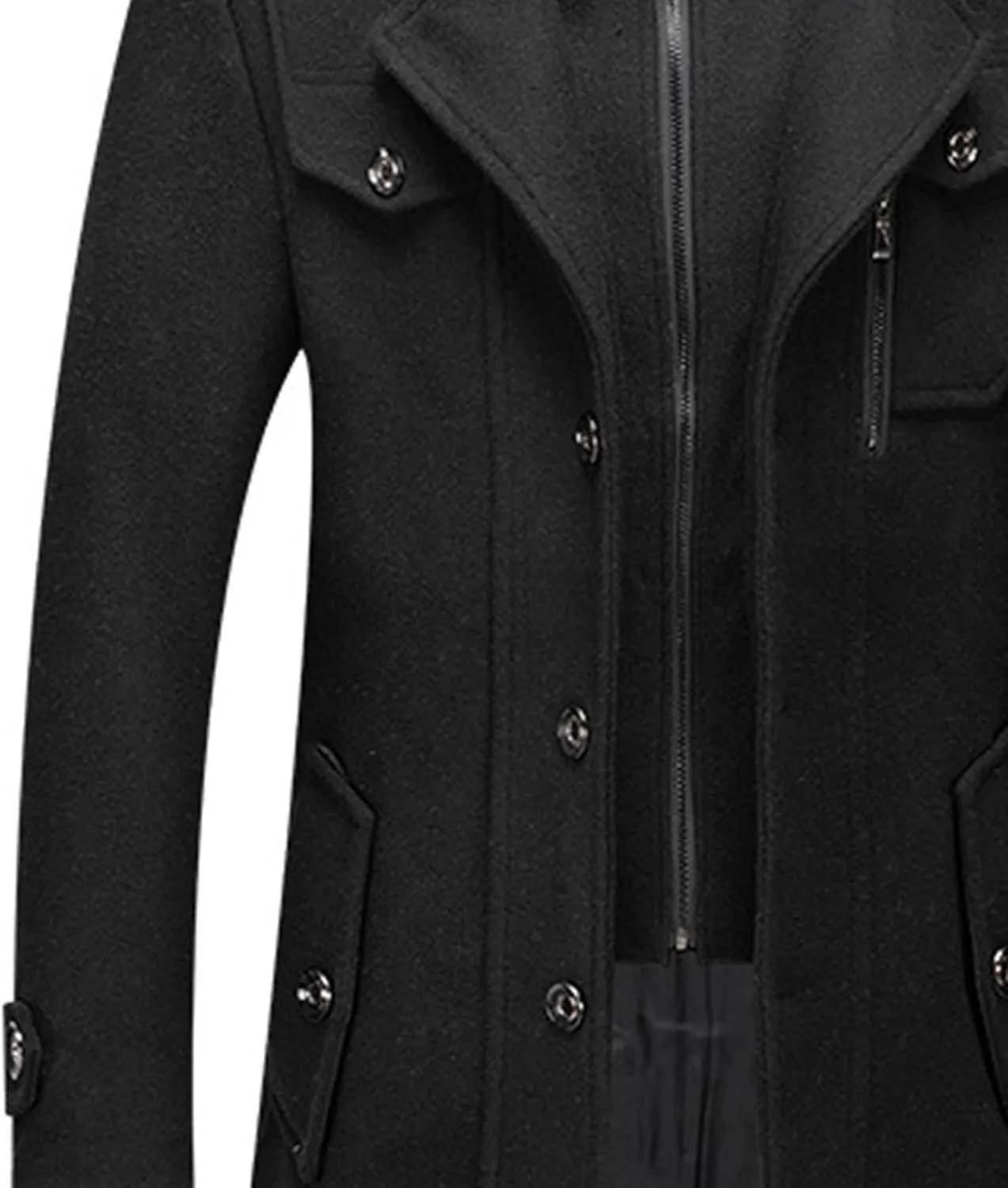 Men's Wool Blend Trench Coat Single Breasted Slim Fit Business Overcoat Windproof Pea Coat with Removable Scarf