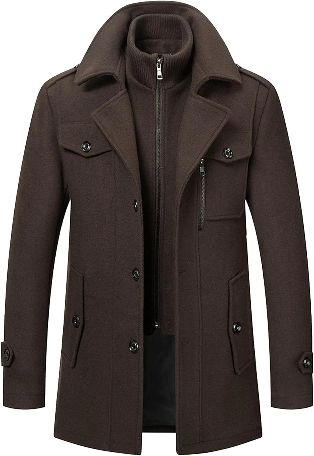 Men's Wool Blend Trench Coat Single Breasted Slim Fit Business Overcoat Windproof Pea Coat with Removable Scarf