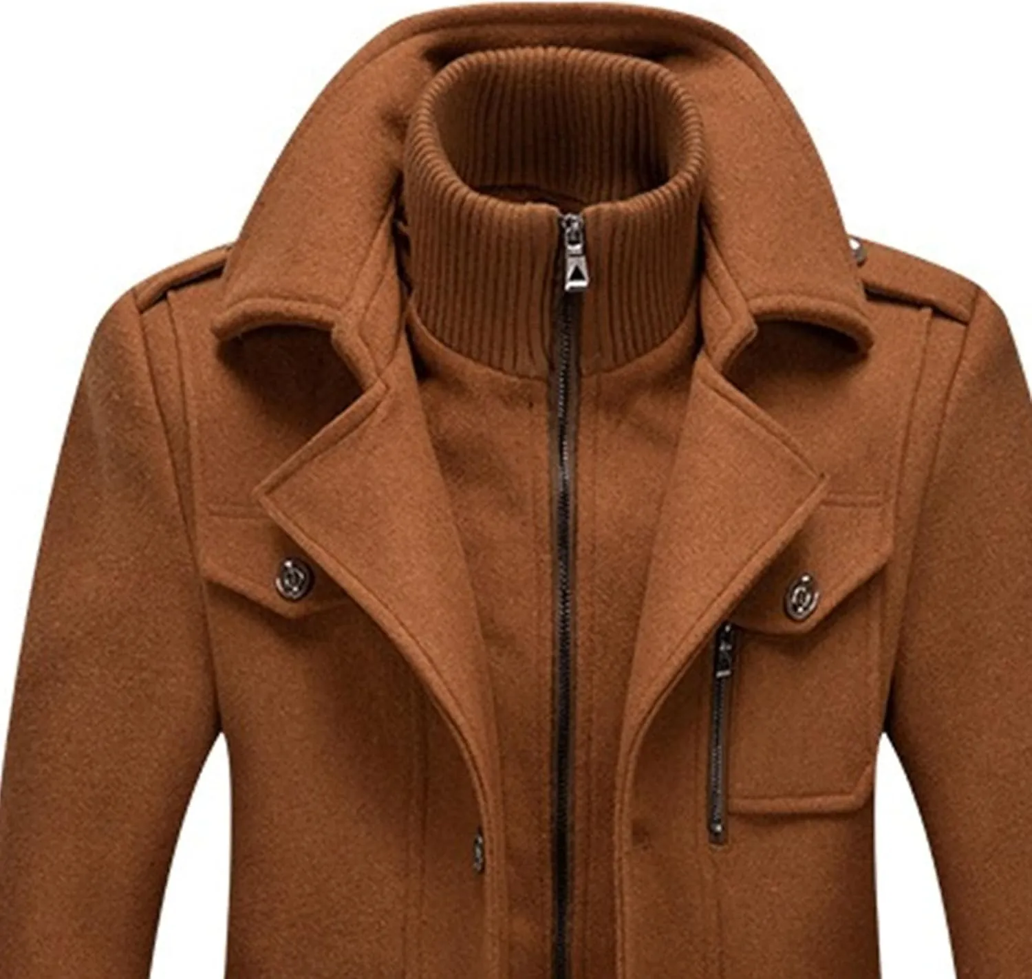 Men's Wool Blend Trench Coat Single Breasted Slim Fit Business Overcoat Windproof Pea Coat with Removable Scarf