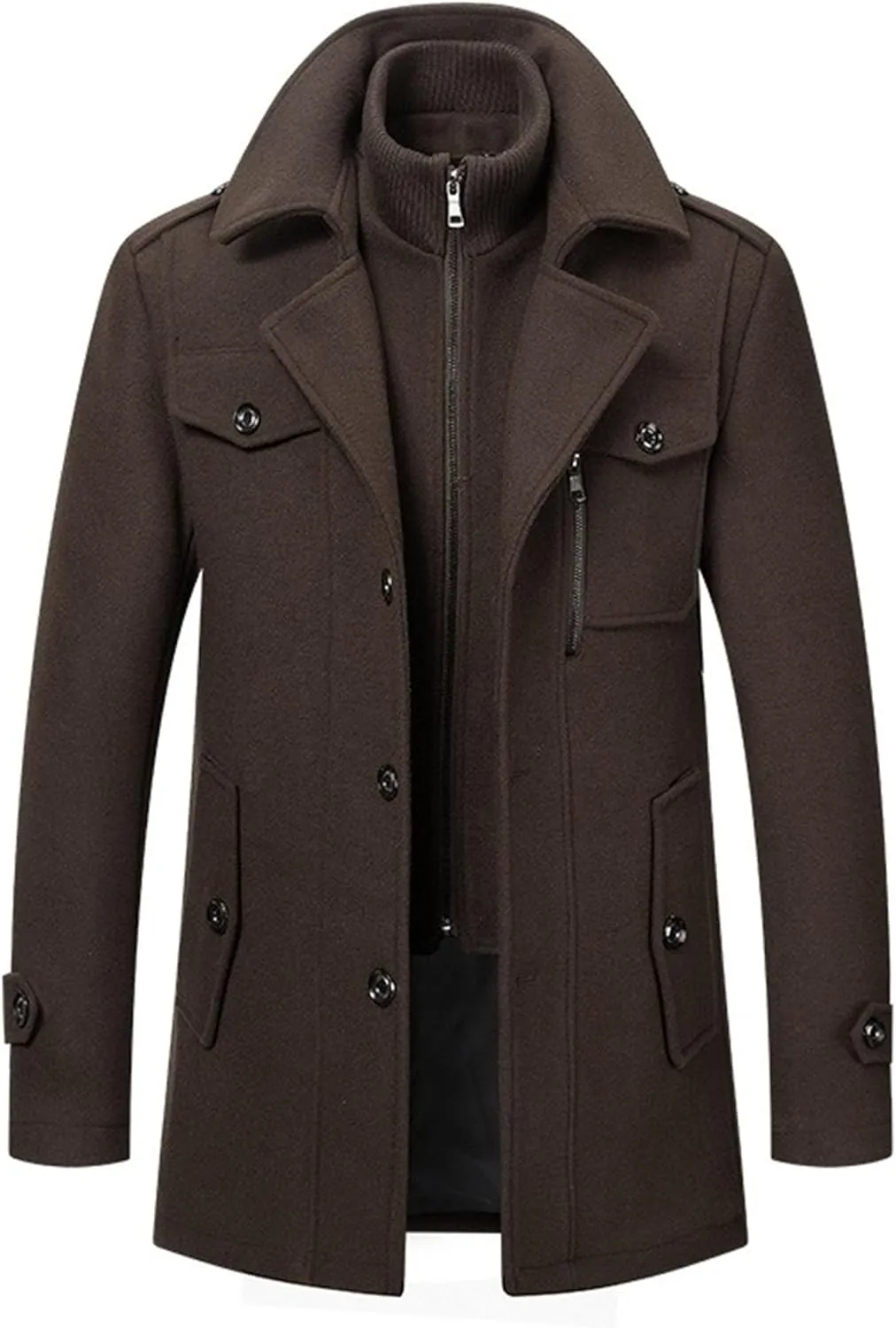 Men's Wool Blend Trench Coat Single Breasted Slim Fit Business Overcoat Windproof Pea Coat with Removable Scarf