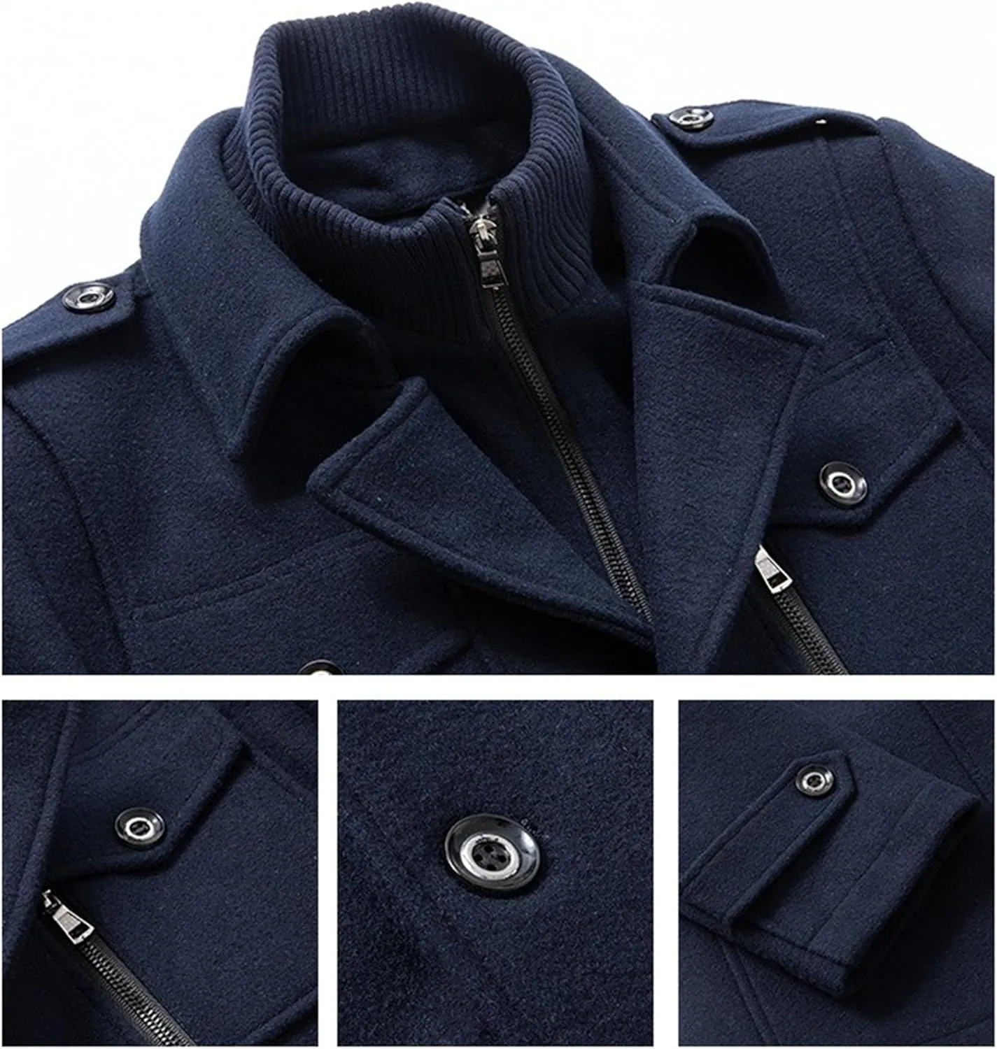 Men's Wool Blend Trench Coat Single Breasted Slim Fit Business Overcoat Windproof Pea Coat with Removable Scarf