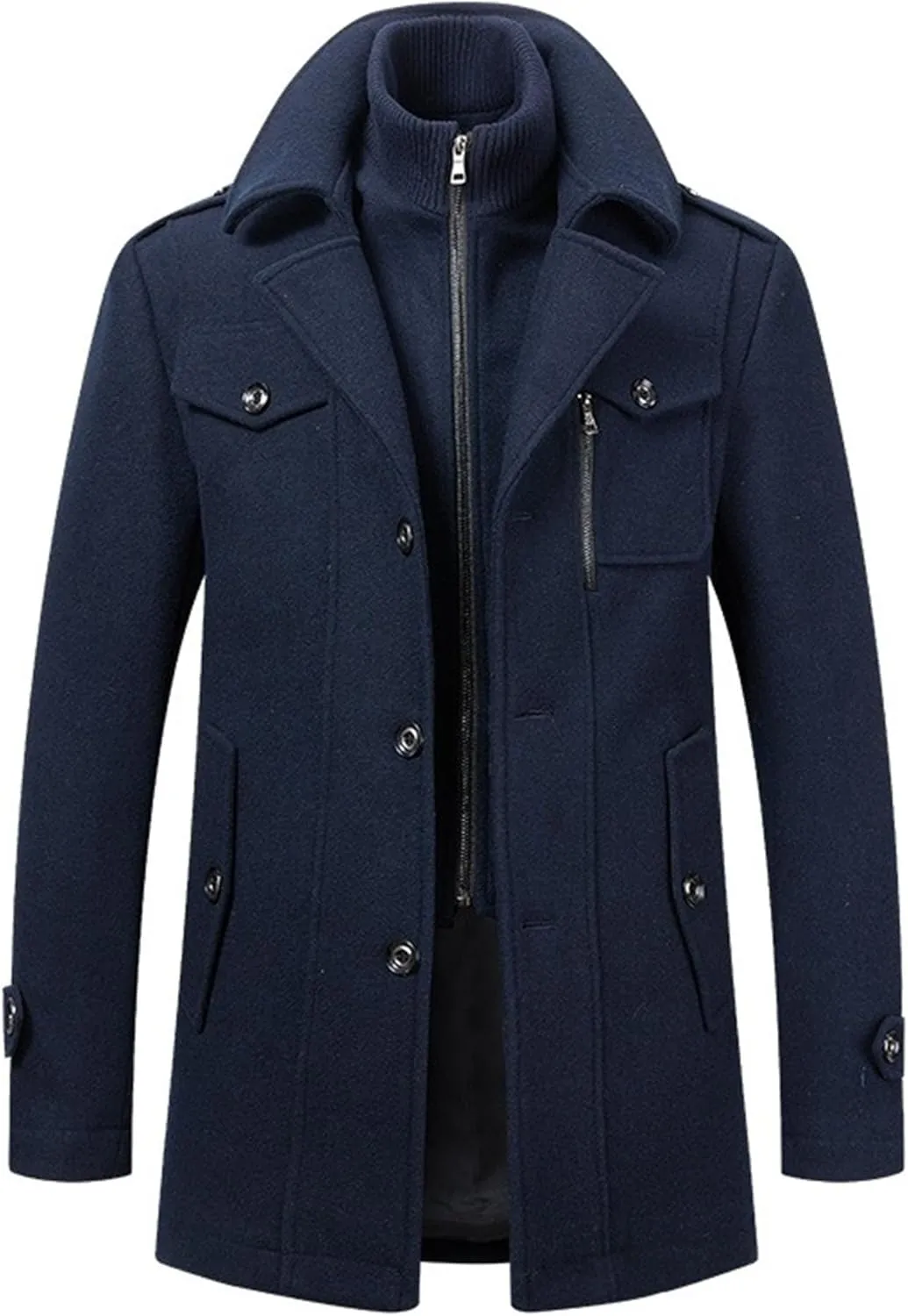 Men's Wool Blend Trench Coat Single Breasted Slim Fit Business Overcoat Windproof Pea Coat with Removable Scarf
