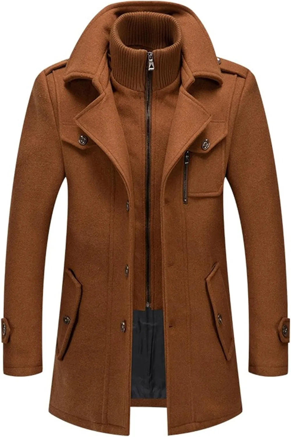 Men's Wool Blend Trench Coat Single Breasted Slim Fit Business Overcoat Windproof Pea Coat with Removable Scarf