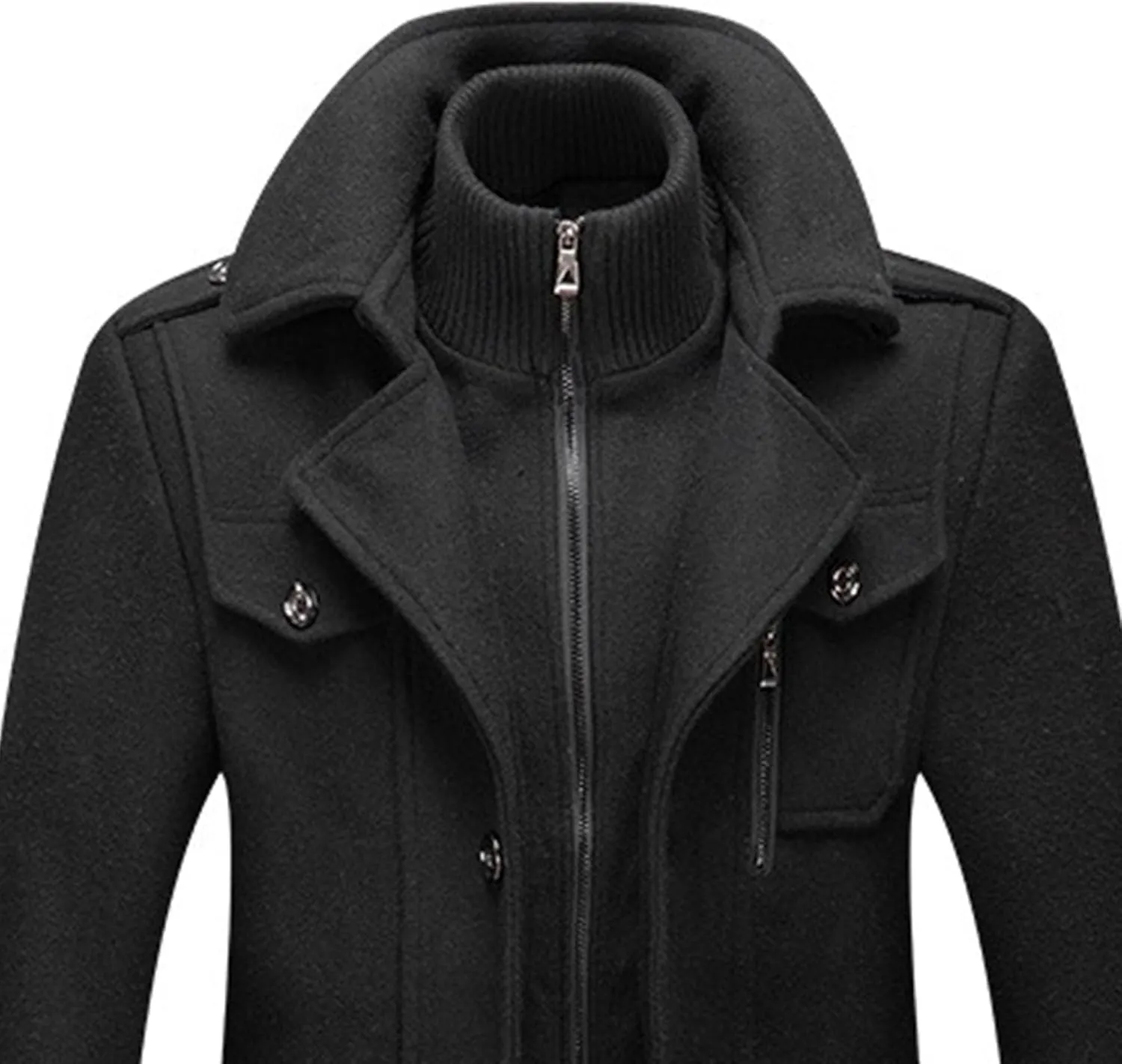 Men's Wool Blend Trench Coat Single Breasted Slim Fit Business Overcoat Windproof Pea Coat with Removable Scarf