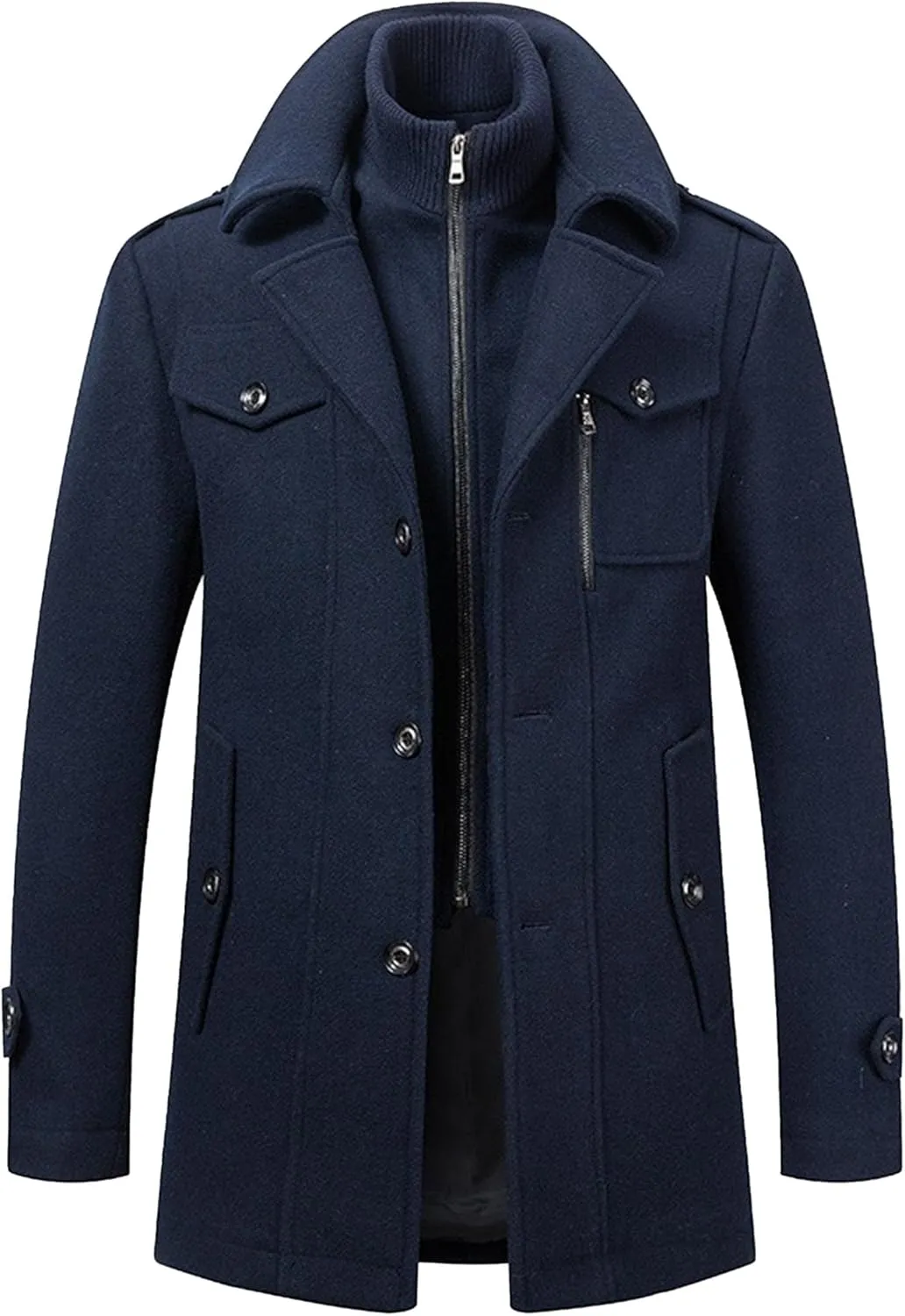 Men's Wool Blend Trench Coat Single Breasted Slim Fit Business Overcoat Windproof Pea Coat with Removable Scarf
