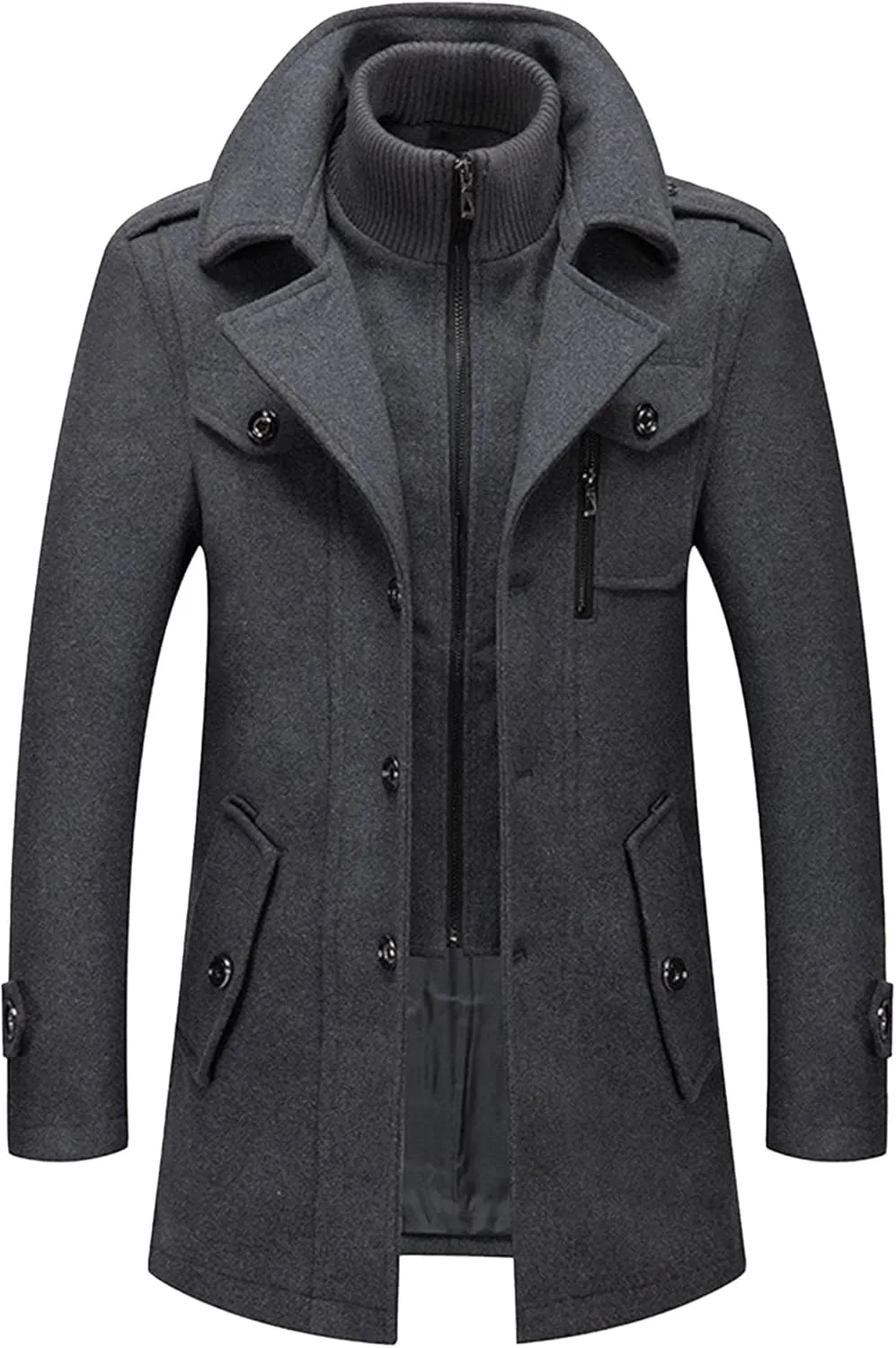 Men's Wool Blend Trench Coat Single Breasted Slim Fit Business Overcoat Windproof Pea Coat with Removable Scarf