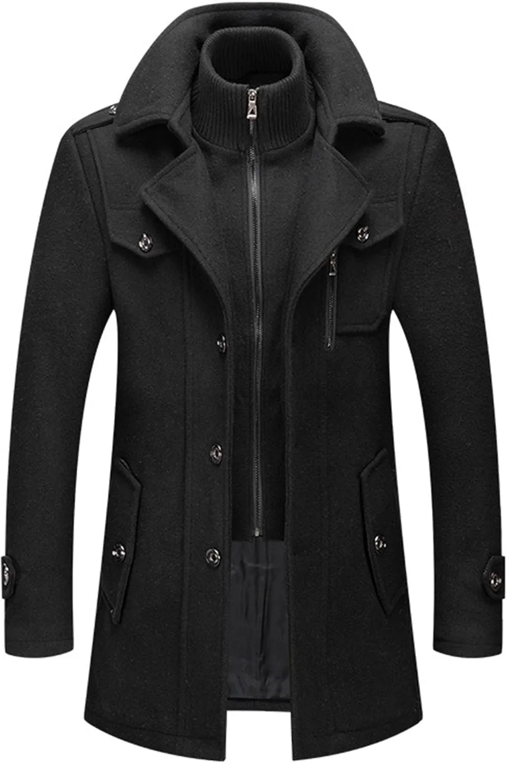 Men's Wool Blend Trench Coat Single Breasted Slim Fit Business Overcoat Windproof Pea Coat with Removable Scarf