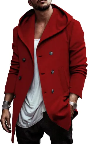 Men's Wool Hooded Coat Double Breasted Long Pea Overcoat Winter Classic Warm Trench Peas Coats