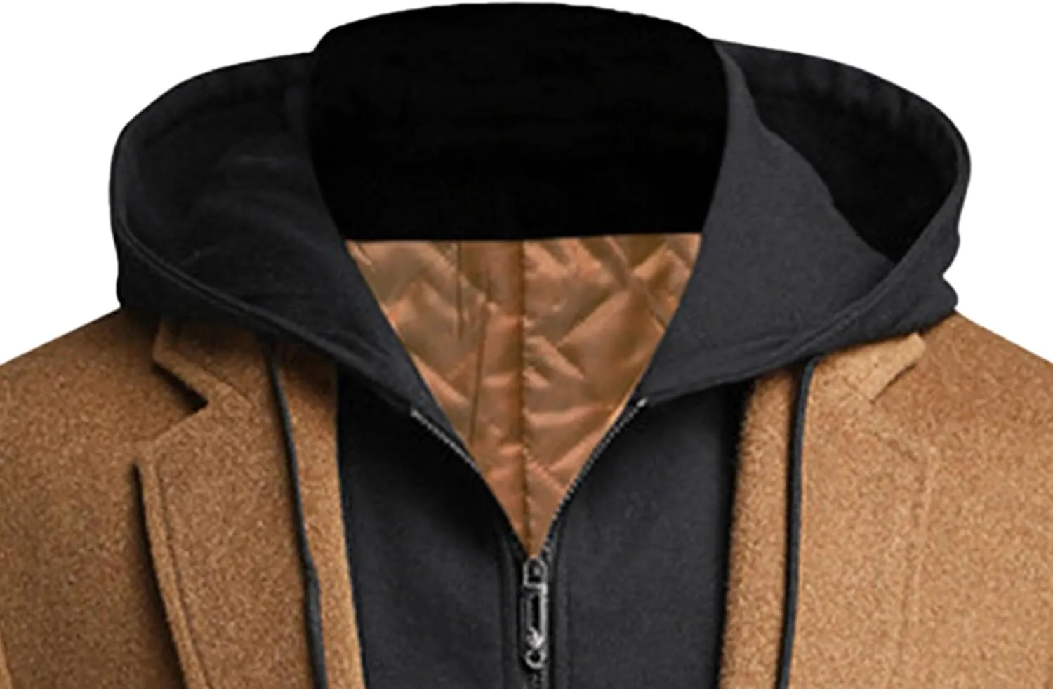 Men's Woollen Long Trench Hoodie Winter Wool Blend Jacket Overcoat Zip Up Top Coat Stylish Warm Pea Coats