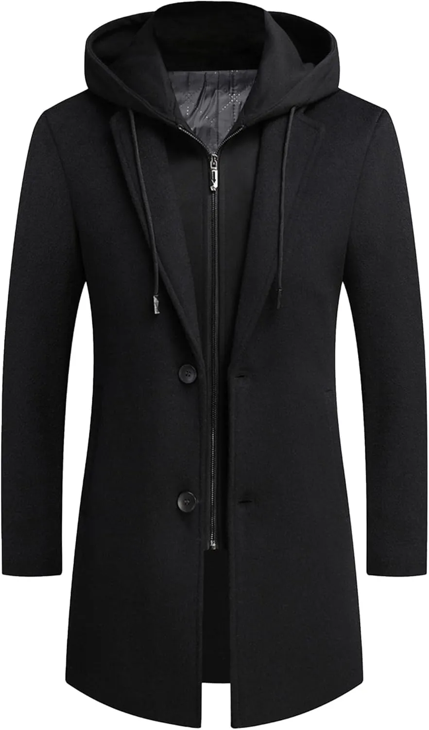 Men's Woollen Long Trench Hoodie Winter Wool Blend Jacket Overcoat Zip Up Top Coat Stylish Warm Pea Coats