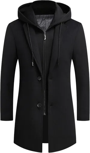 Men's Woollen Long Trench Hoodie Winter Wool Blend Jacket Overcoat Zip Up Top Coat Stylish Warm Pea Coats