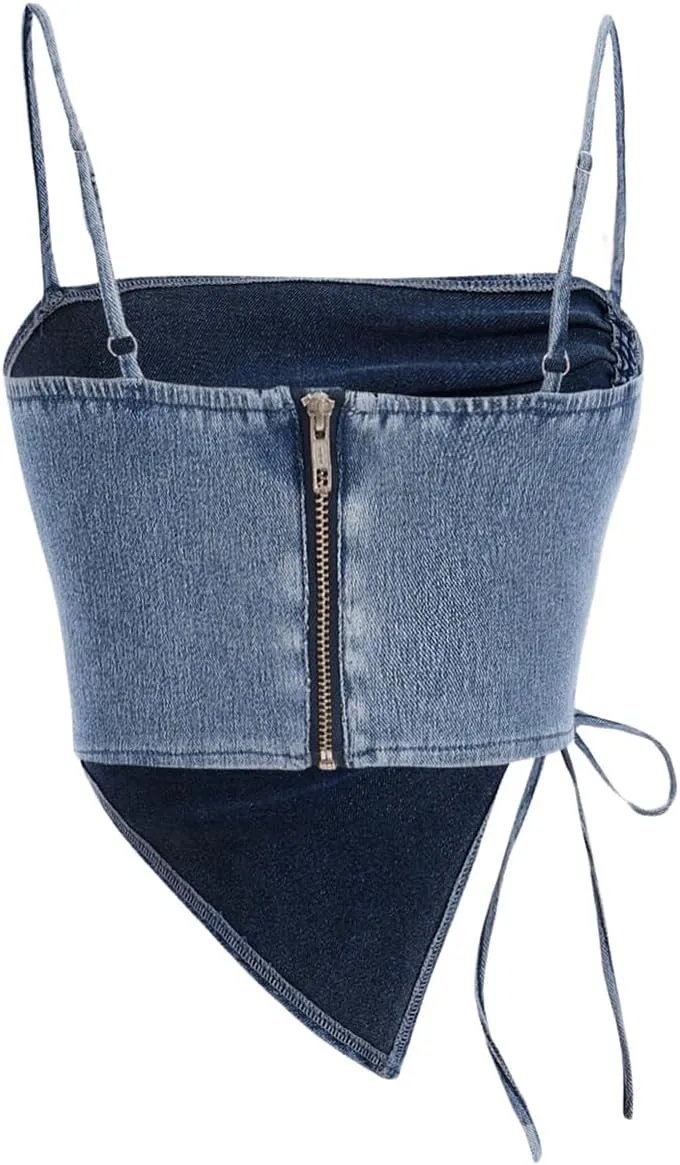 Milumia Women's Denim Drawstring Side Ruched Top Spaghetti Strap Asymmetrical Hem Cami Tops