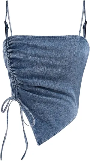 Milumia Women's Denim Drawstring Side Ruched Top Spaghetti Strap Asymmetrical Hem Cami Tops