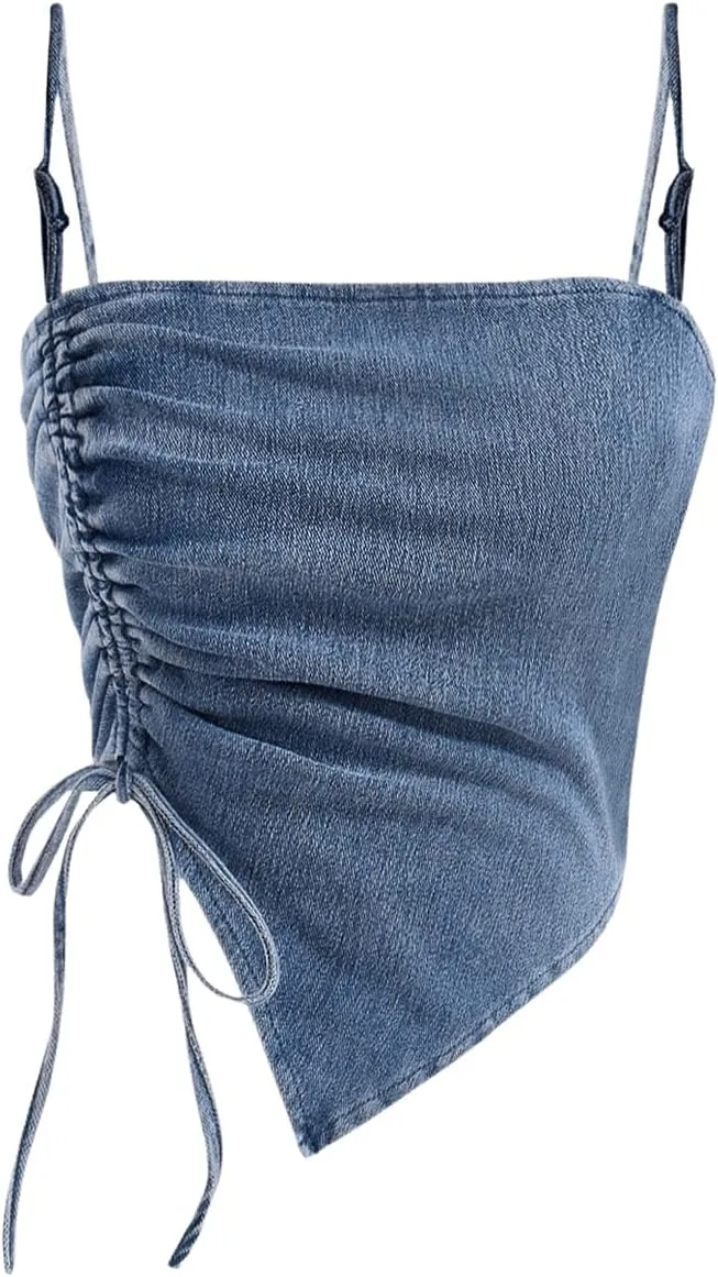Milumia Women's Denim Drawstring Side Ruched Top Spaghetti Strap Asymmetrical Hem Cami Tops